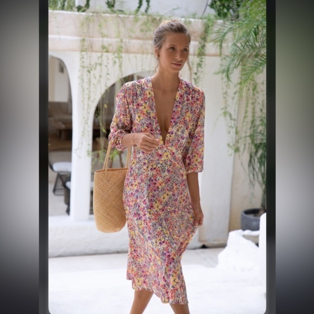 NWT Womens Hazel & Folk Vivianne Multicolor Floral Escape V-Neck Midi Dress XXS
